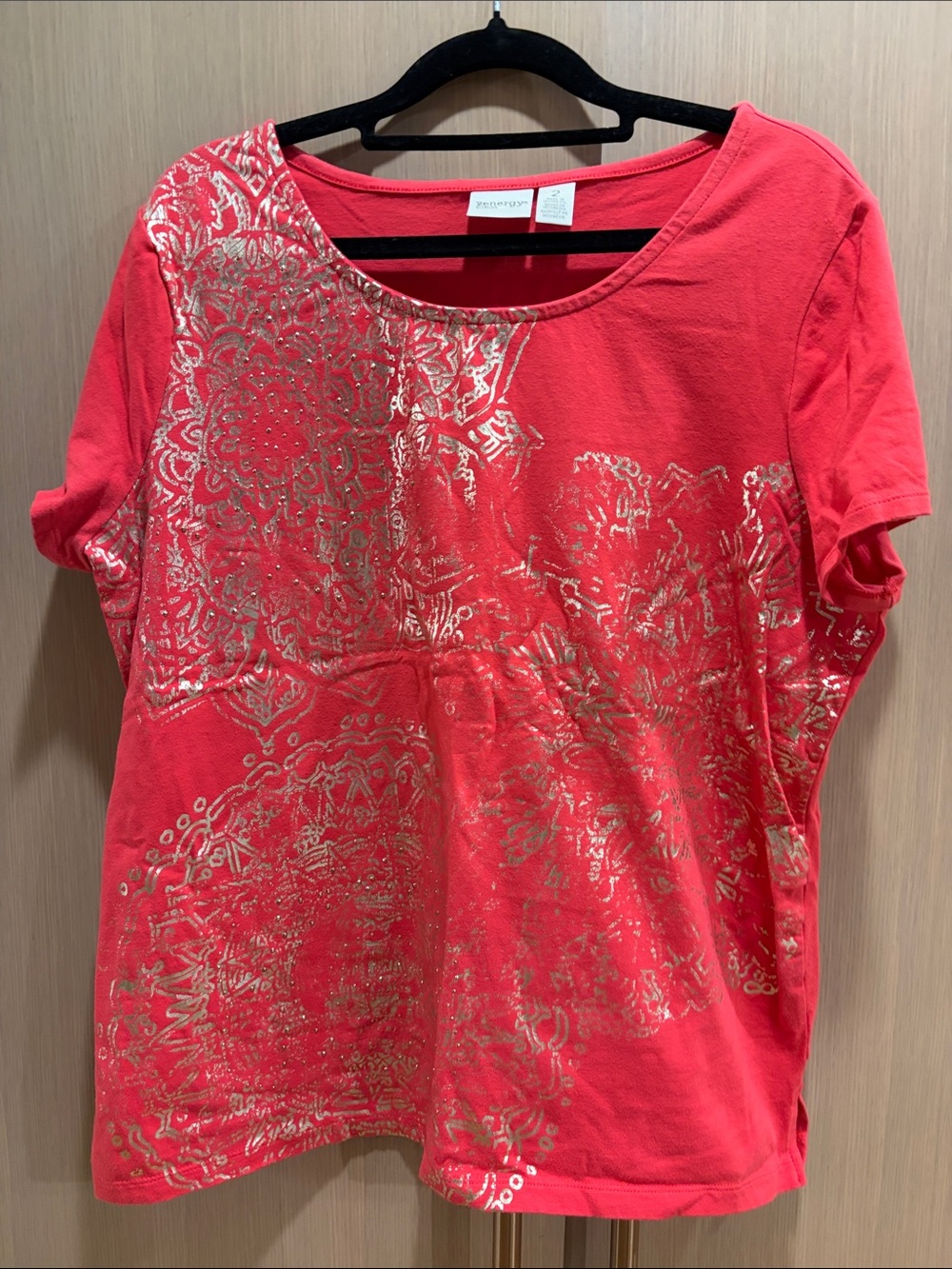 Chico's Coral Red Short Sleeve Tee with Gold Medallion Print